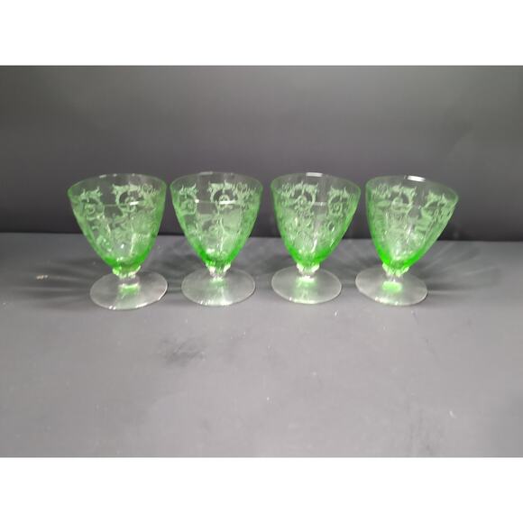 Fostoria Versailles Etched Footed Glasses, Cocktail Uranium Glasses, Set Of 4 - Picture 3 of 11